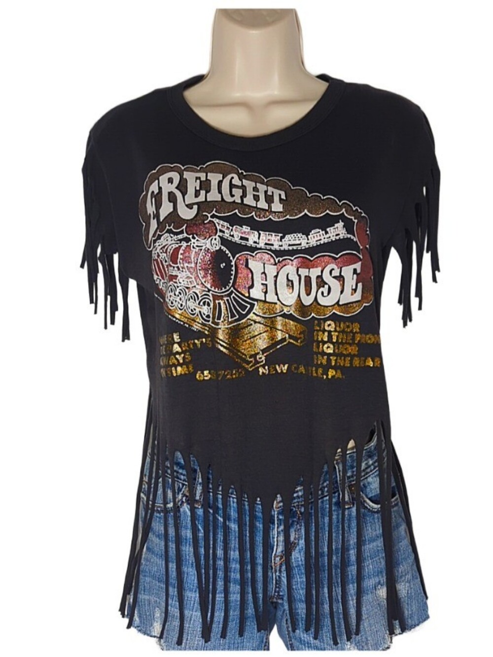 Vintage 1987 Tease Freight House New Castle PA Fringe Glitter Graphic Tee L